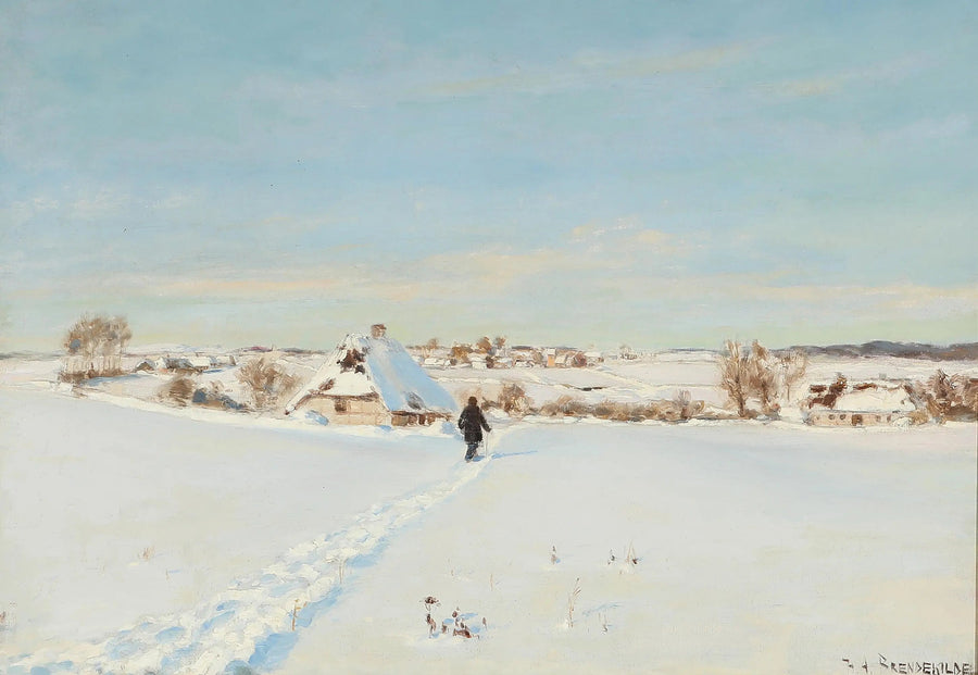 Par une belle journée d'hiver, un homme marche vers une ferme. - H. A. Brendekilde