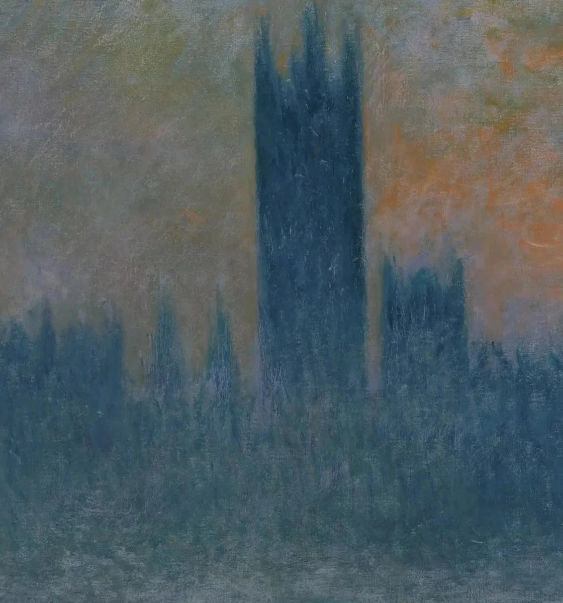 Détail des tours de Victoria dans le brouillard bleu et orangé du Parlement de Monet