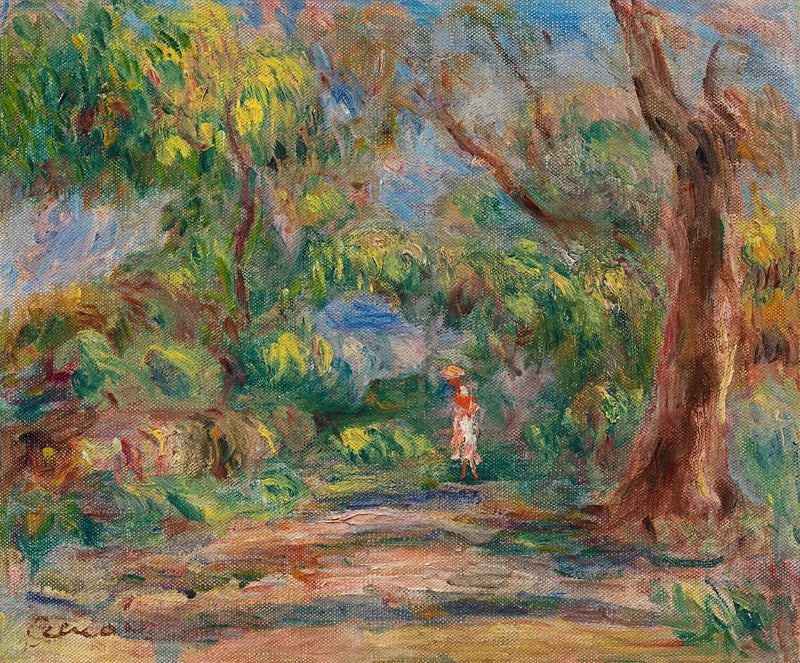 Landskab, gårdallé med kvinde i rød og hvid - Pierre-Auguste Renoir