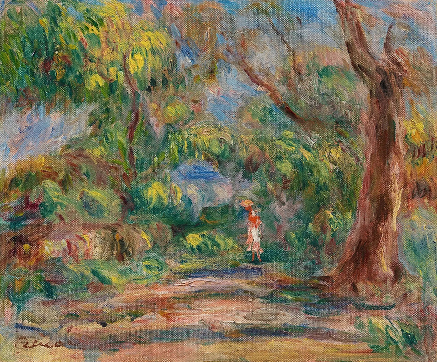 Landskab, gårdallé med kvinde i rød og hvid - Pierre-Auguste Renoir