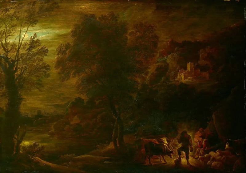 Landskab ved måneskin med hyrder ved bålet - David Teniers den Yngre