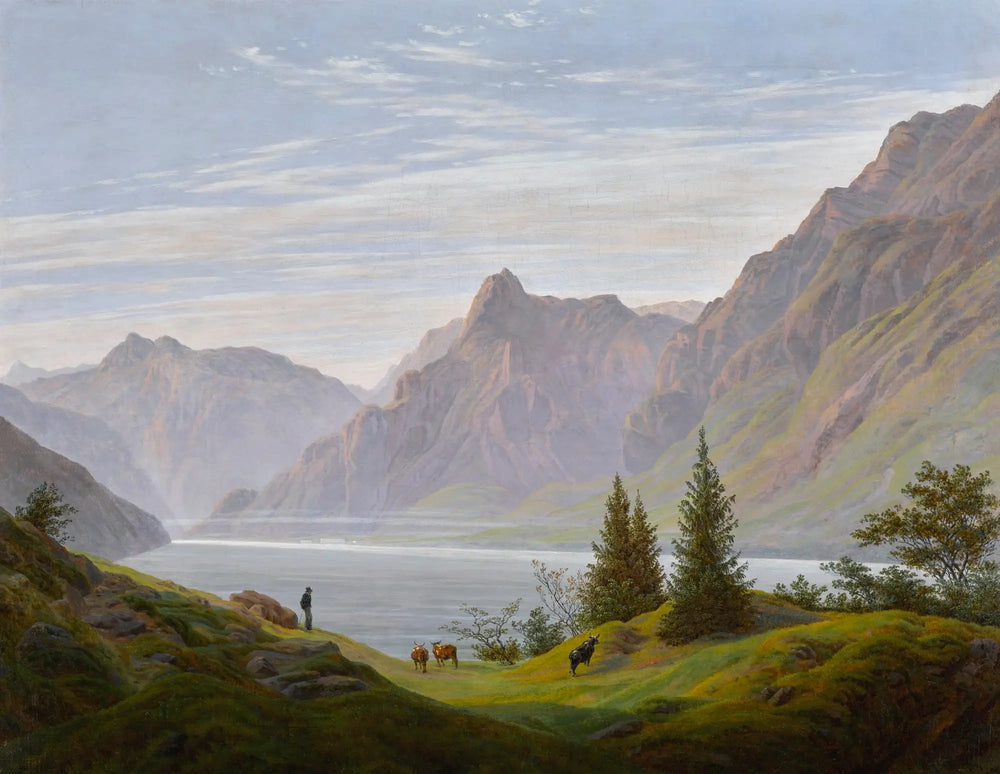 Paysage au lac de montagne, matin - Caspar David Friedrich image 1 reproduction de peinture à l’huile