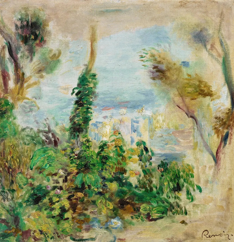 Landskab, i forgrunden klatreblomster, i baggrunden huse - Pierre-Auguste Renoir