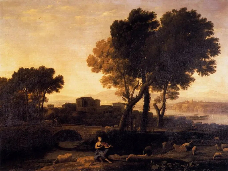 Landskab med Apollon, der passer flokke, mens Admète og Merkur stjæler dem - Claude Lorrain