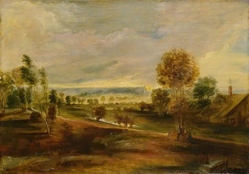 Landskab med landbrugsbygninger ved solnedgang - Peter Paul Rubens