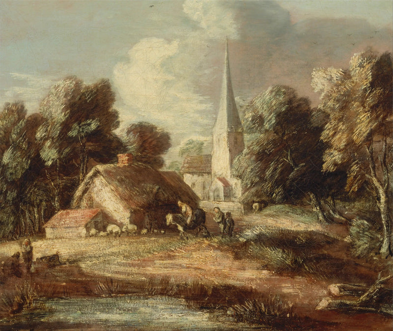 Landskab med hytte og kirke - Thomas Gainsborough