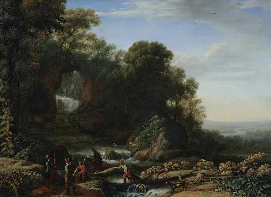 Landskab med vandfald og jægere - Claude Lorrain