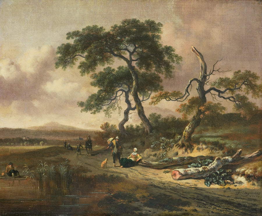 Paysage avec colporteur et femme au repos - Jan Wijnants