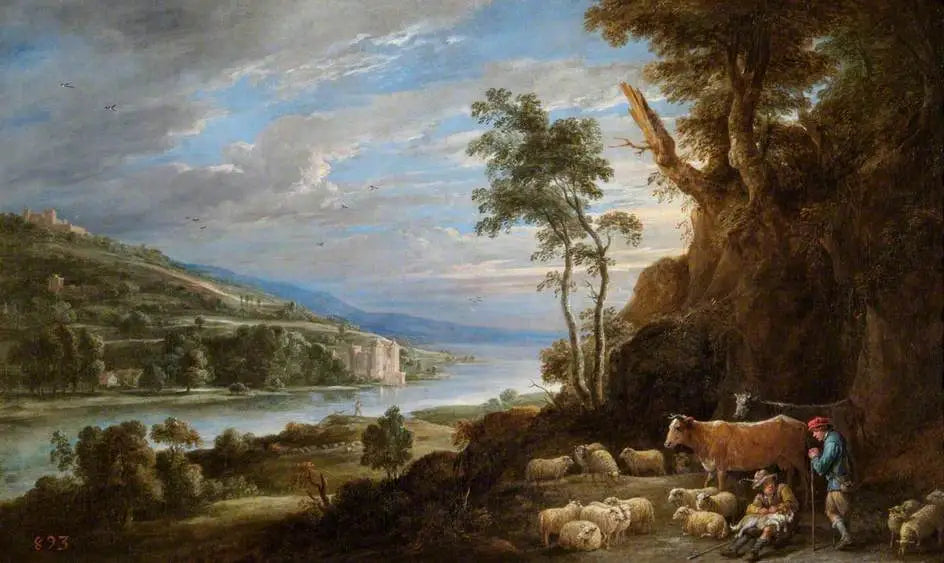 Paysage avec des bergers et une vue lointaine d'un château - David Teniers le Jeune image 1 copie de tableau peinte à la main