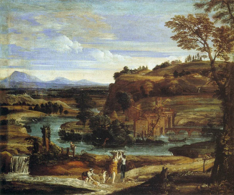 Landskab med vaskere og et barn, der hælder vin ud - Domenichino