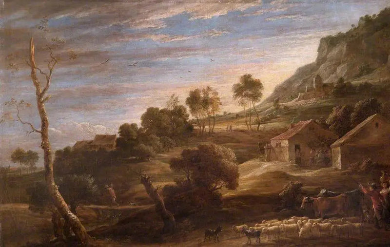 Landskab med bønder, der fører kvæg: Aften - David Teniers den Yngre