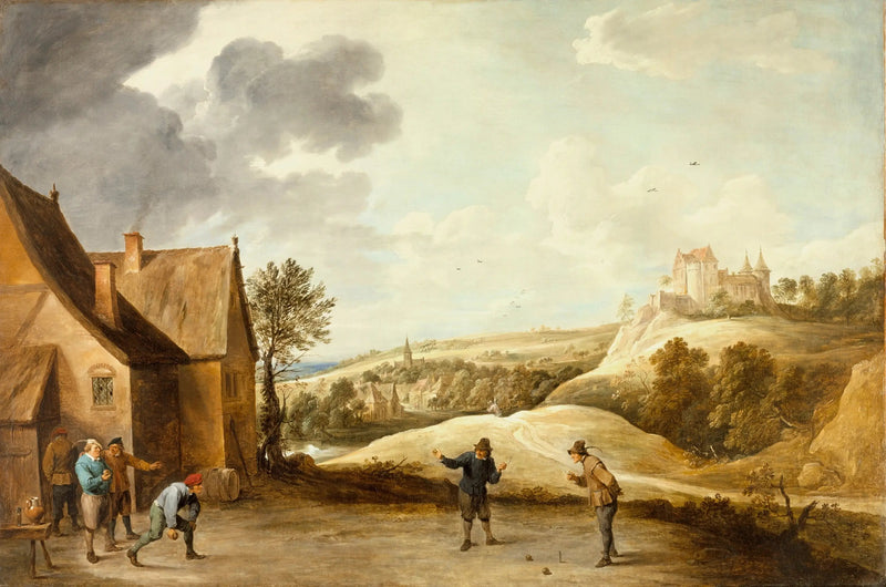 Landskab med bøndere, der spiller petanque foran en kro - David Teniers den Yngre