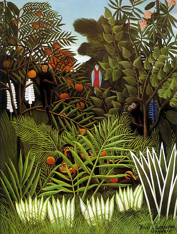 Landskab med eksotiske aber og en papegøje - Henri Rousseau