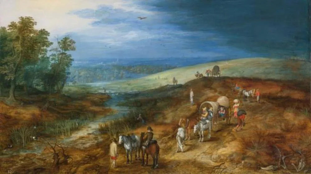 Paysage avec des voyageurs et un chasseur de butors - Jan Brueghel l'Ancien image 1 copie de tableau peinte à la main