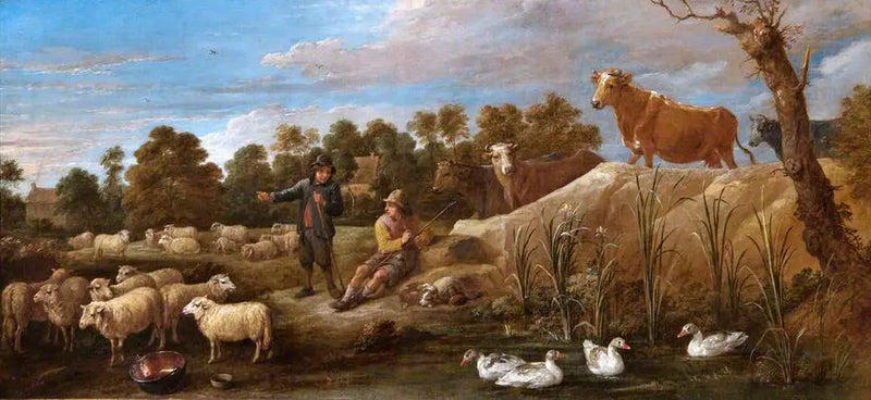 Landskab med to hyrder, kvæg og ænder - David Teniers den Yngre