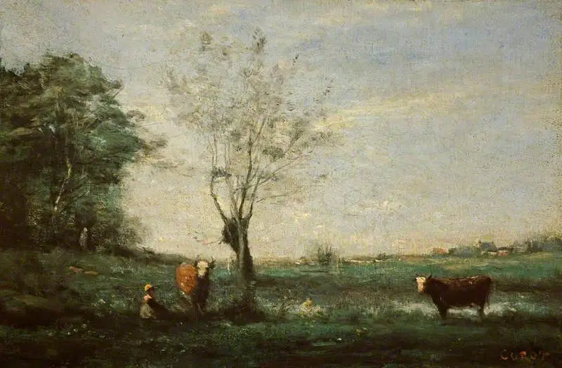 Landskab med to køer - Jean-Baptiste Camille Corot
