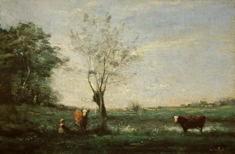 Landskab med to køer - Jean-Baptiste Camille Corot