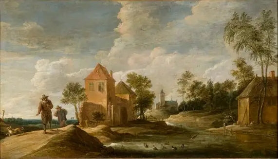 Landskab med kirke + flod - David Teniers den Yngre