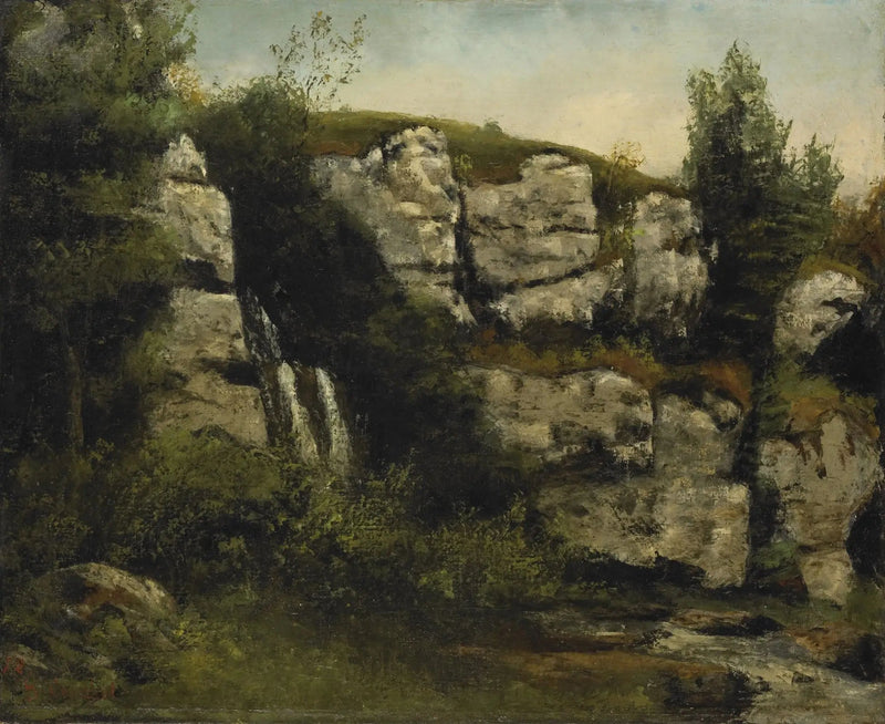Landskab med klippeformationer og vandfald - Gustave Courbet