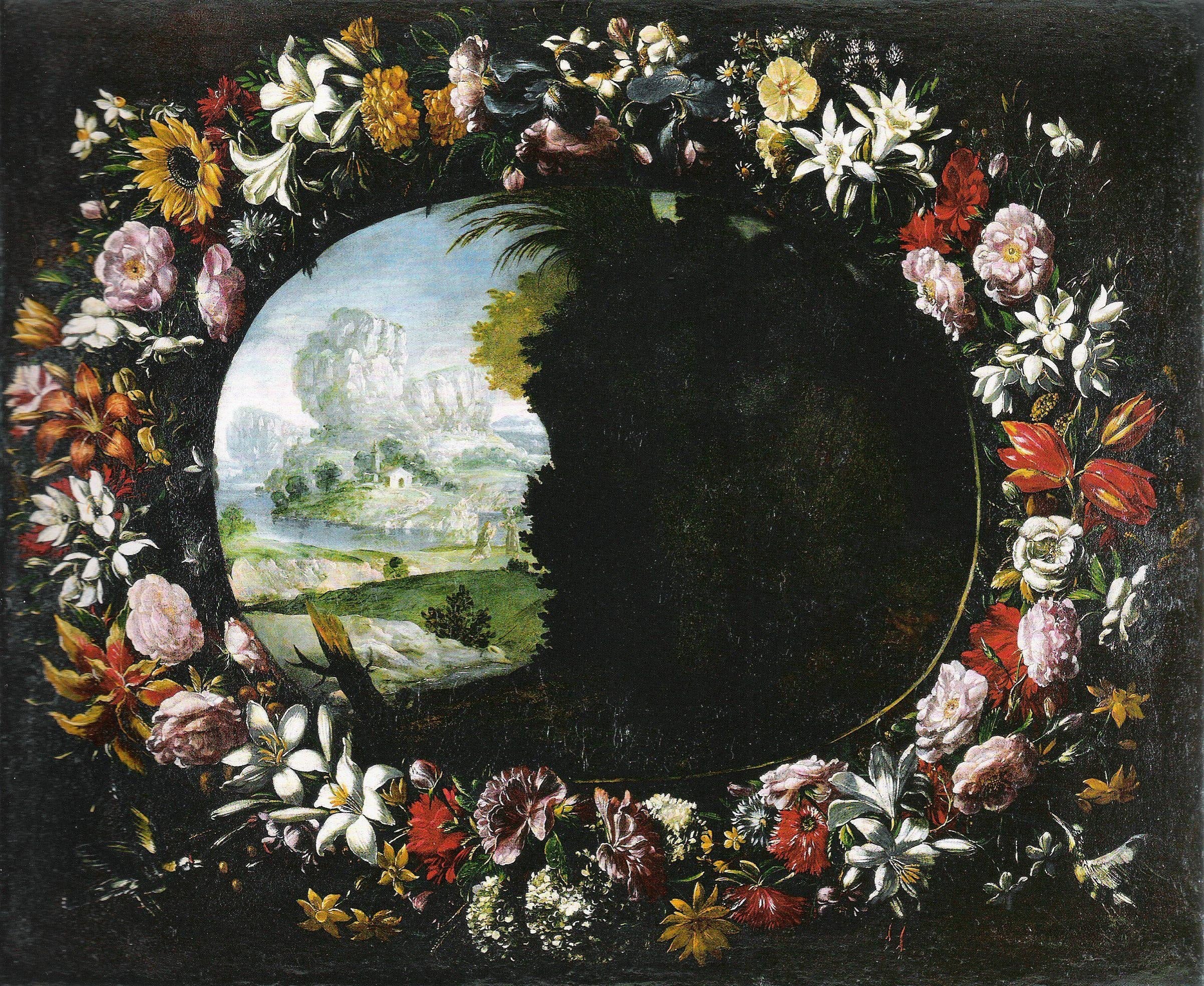 Paysage avec guirlande de fleurs - Juan van der Hamen image 1 reproduction artisanale de tableau