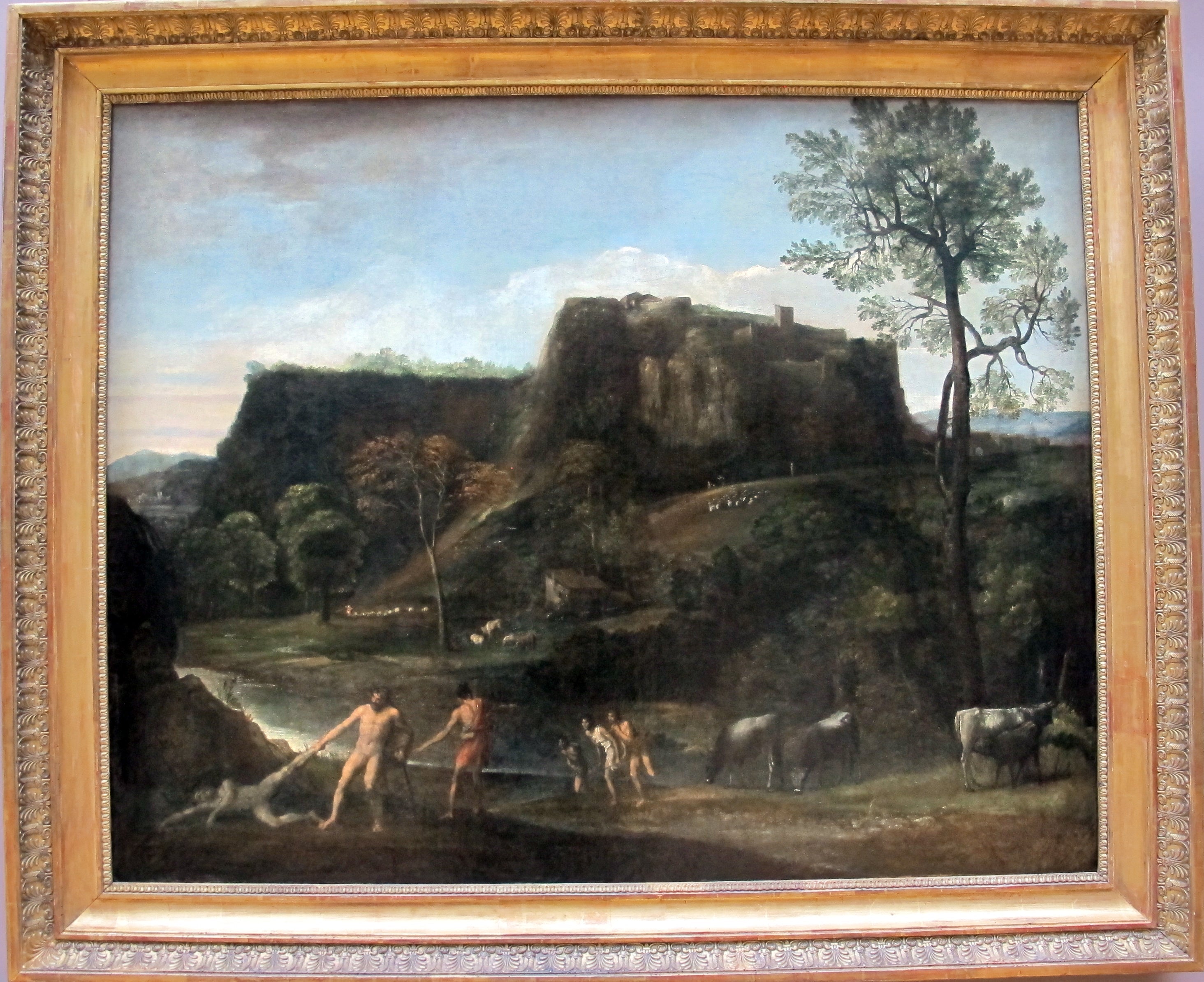 Paysage avec Hercule tirant Cacus de sa caverne - Domenichino image 1 copie de tableau peinte à la main