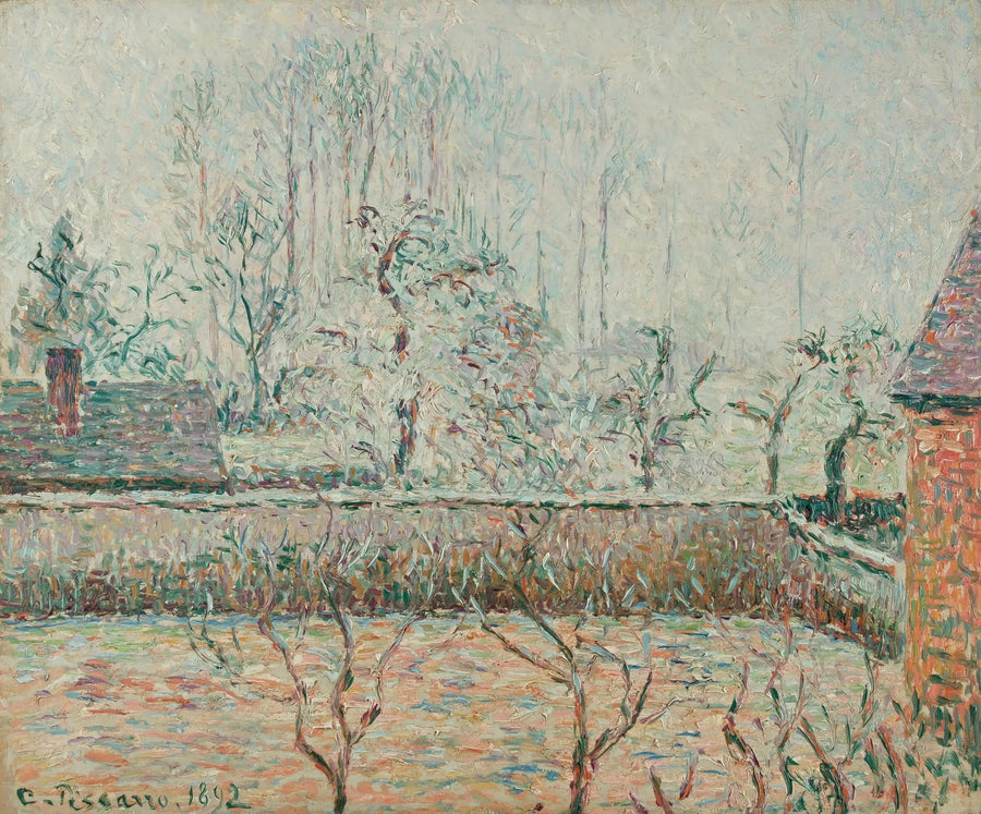 Landskab med huse og mur, tåge og rimfrost, Éragny - Camille Pissarro