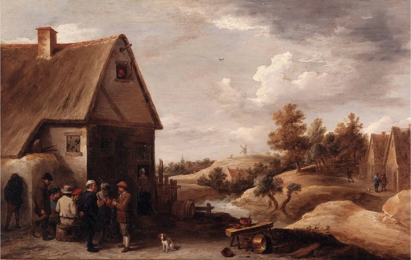 Landskab med personer foran et stråtækt hus - David Teniers den Yngre