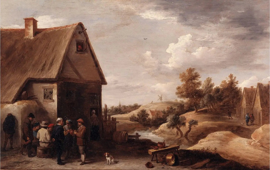 Landskab med personer foran et stråtækt hus - David Teniers den Yngre