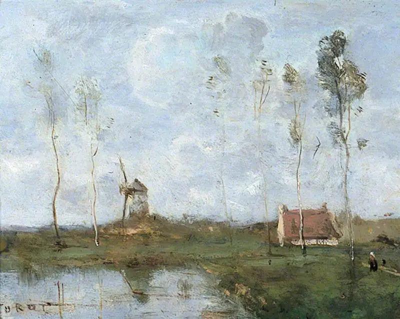 Landskab med en hytte og en vindmølle - Jean-Baptiste Camille Corot