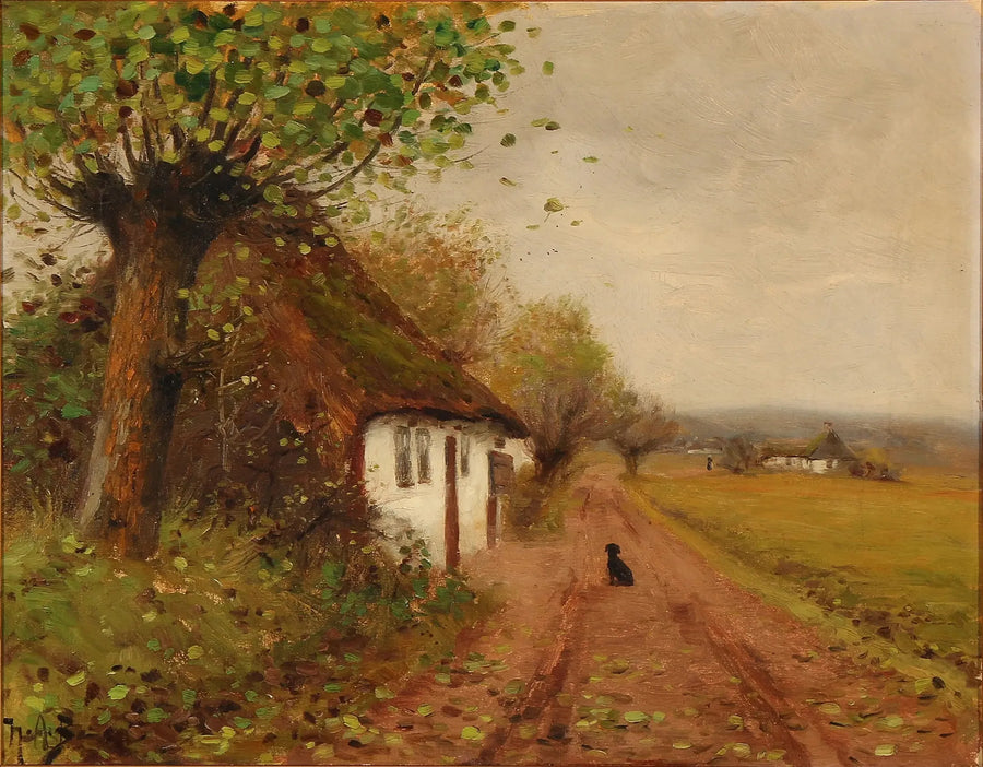 Landskab med en hund, der venter på en landevej - H. A. Brendekilde