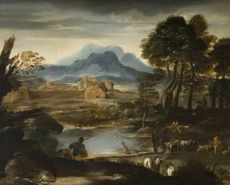 Landskab med en sø og en befæstet by - Pietro da Cortona
