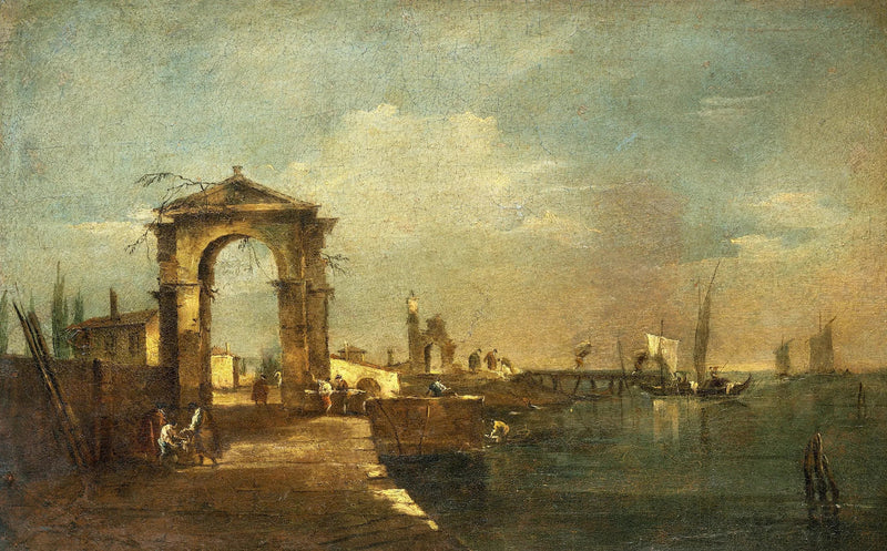 Landskab med en kaj og både på en sø - Francesco Guardi