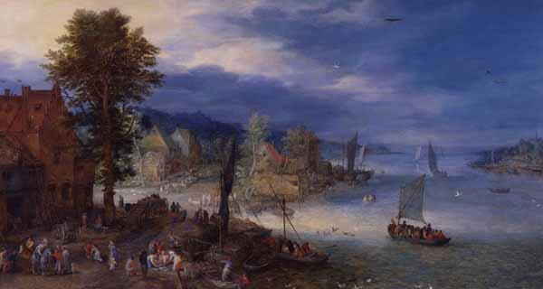 Paysage avec un village de pêcheurs - Jan Brueghel l'Ancien image 1 copie peinte à la main à l’huile