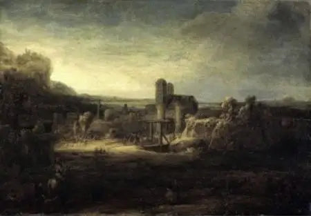 Landskab med en kirke - Rembrandt