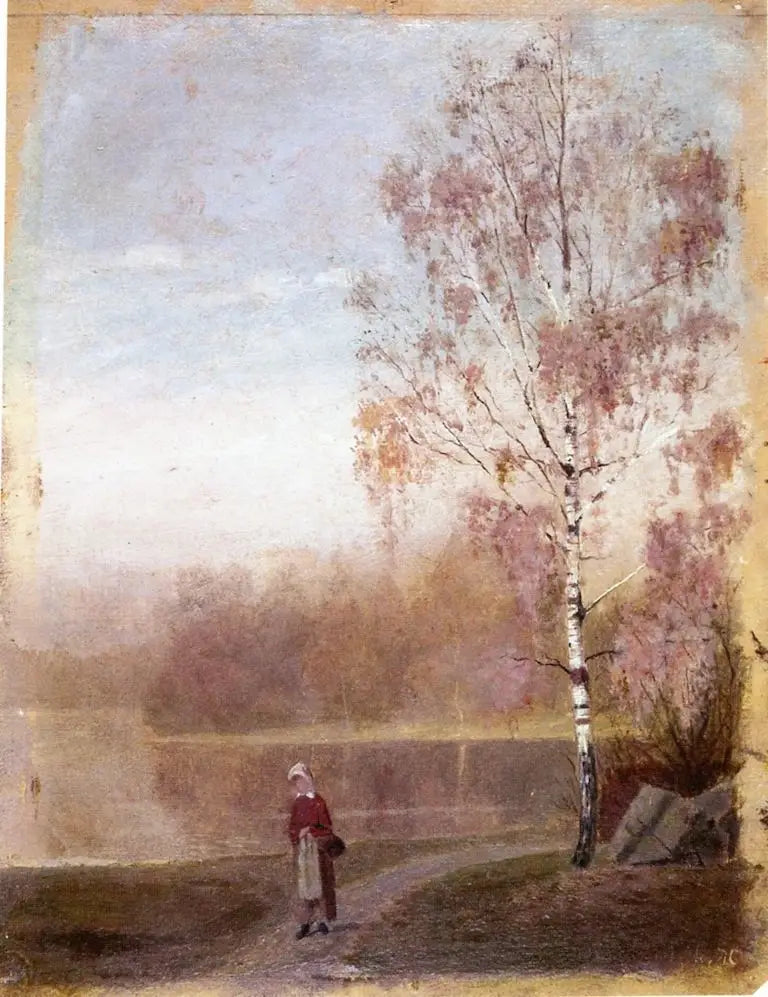 Landskab med en kvinde, der går langs en sø - Edvard Munch