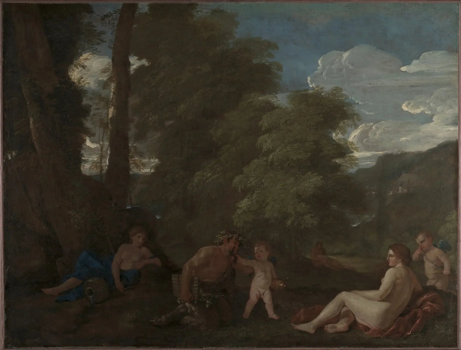Landskab med en nymfe og en satyr - Nicolas Poussin