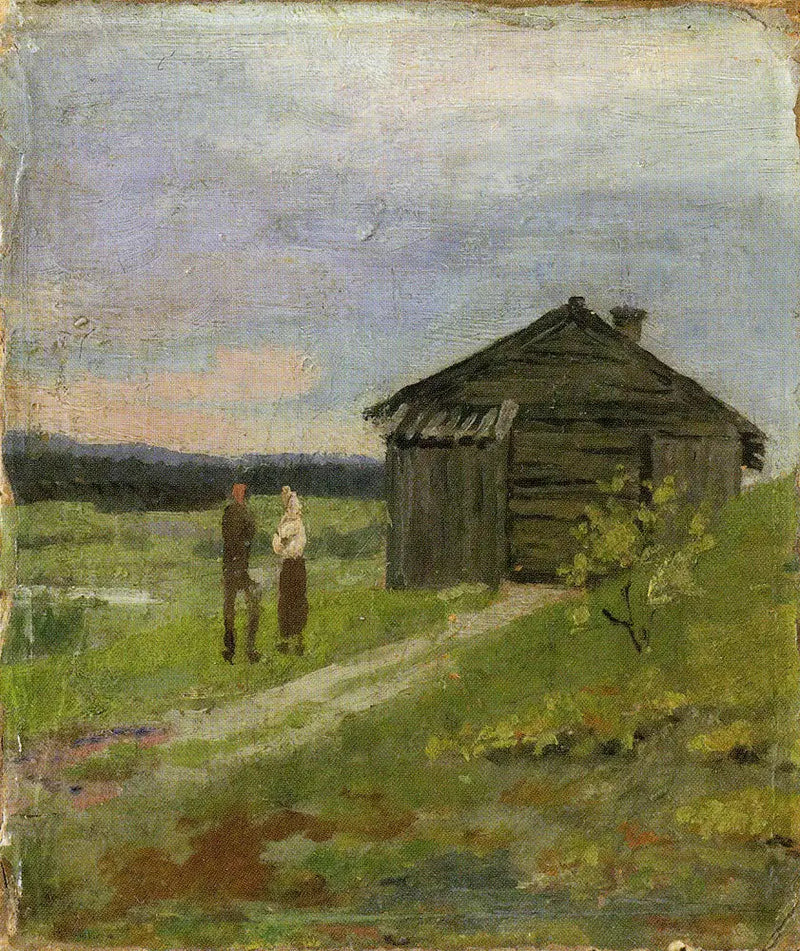 Landskab med et lille hus og to personer - Edvard Munch