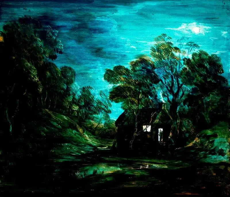 Skovlandskab i måneskin med en swimmingpool og en silhuet ved døren til en hytte - Thomas Gainsborough