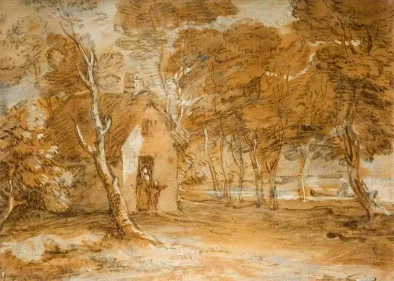 Skovlandskab med hytte, personer og båd på en sø - Thomas Gainsborough