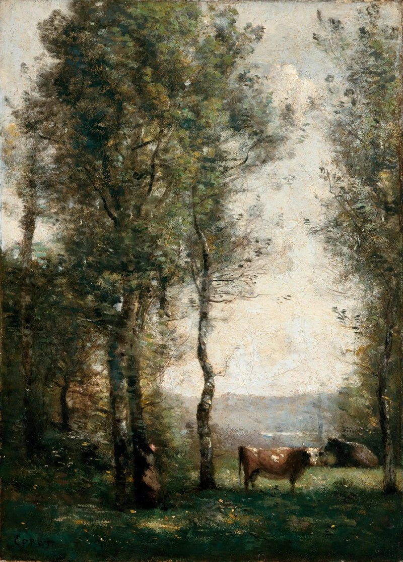 Skovlandskab med køer i en lysning - Jean-Baptiste Camille Corot