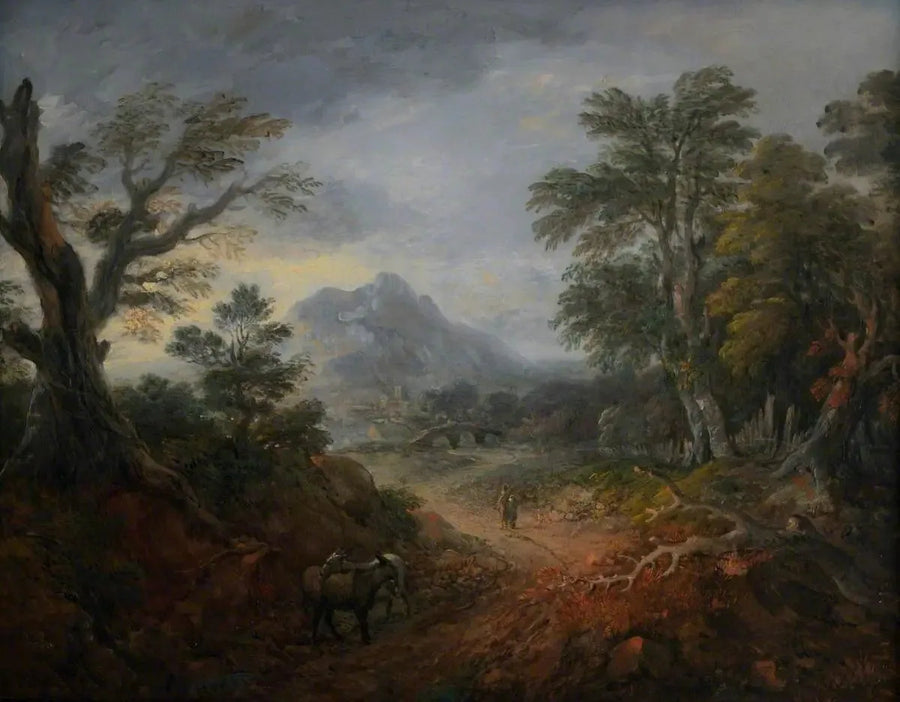 Skovlandskab med personer, bro, æsler, bygninger i det fjerne og bjerg - Thomas Gainsborough