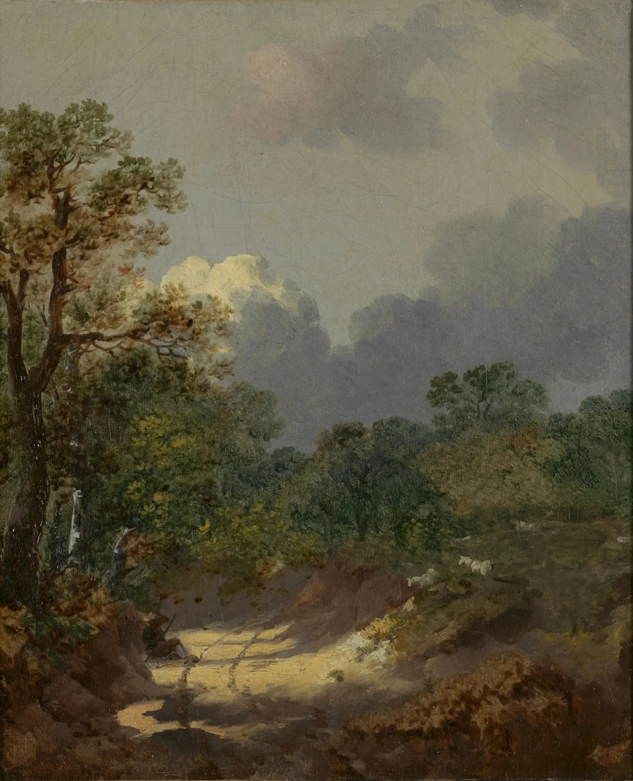 Skovlandskab med en hyrde, der hviler på en solrig vej med får - Thomas Gainsborough