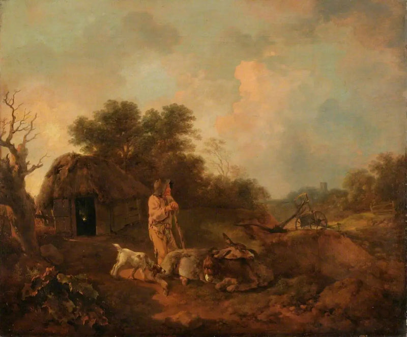 Skovlandskab med en gammel bonde og æsler uden for en lade, en plovskovl og en kirke i det fjerne - Thomas Gainsborough