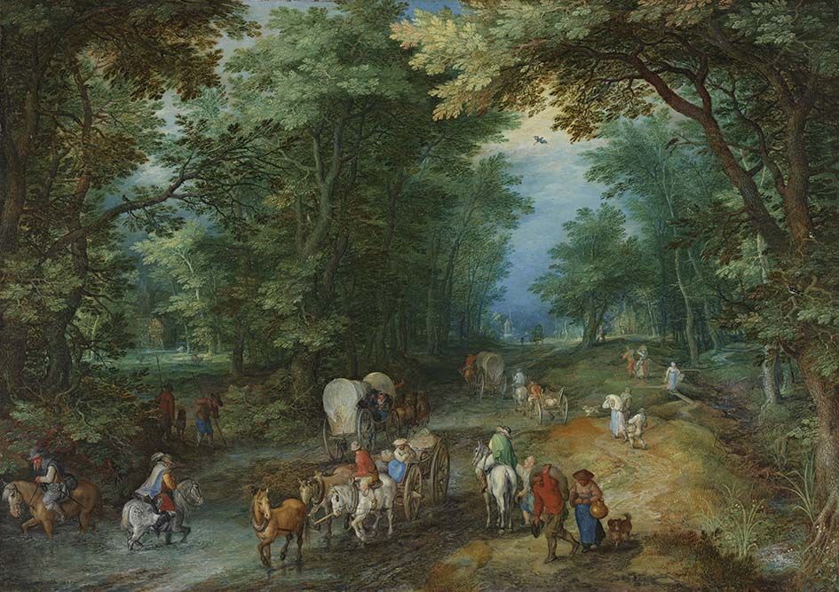 Paysage boisé avec une route près d'un étang guéable - Jan Brueghel l'Ancien
