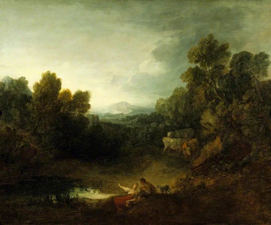 Skovrig klippeudsigt med rustikke elskende ved poolkanten - Thomas Gainsborough