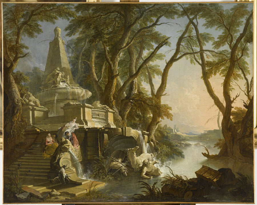 Paysage composé : la Rivière, dit aussi Fontaine pyramidale avec une statue de Neptune brisée - Jacques de Lajoue