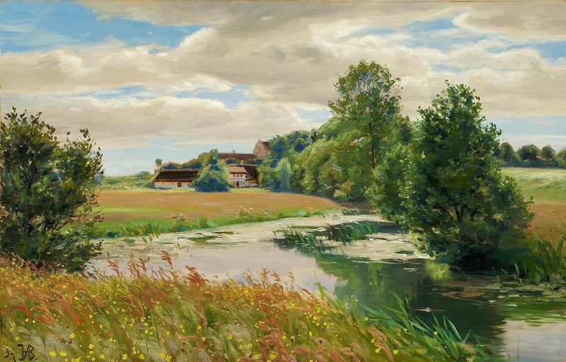 Sommerlandskab ved en flodside nær en kirke. - H. A. Brendekilde