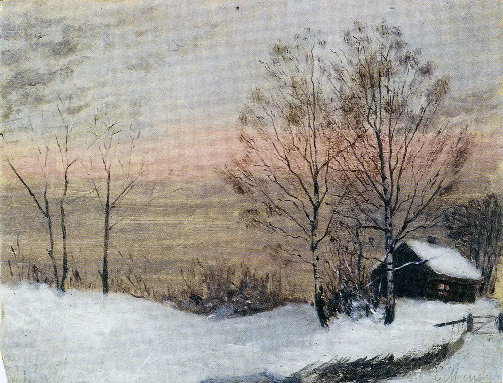 Paysage d'hiver avec maison et ciel rouge - Edvard Munch image 1 copie de tableau peinte à la main