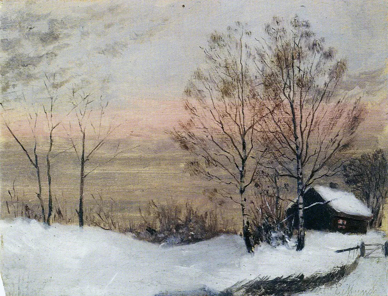Vinterlandskab med hus og rød himmel - Edvard Munch