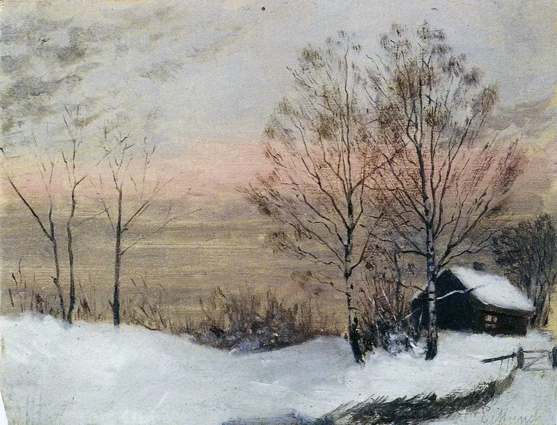 Vinterlandskab med hus og rød himmel - Edvard Munch